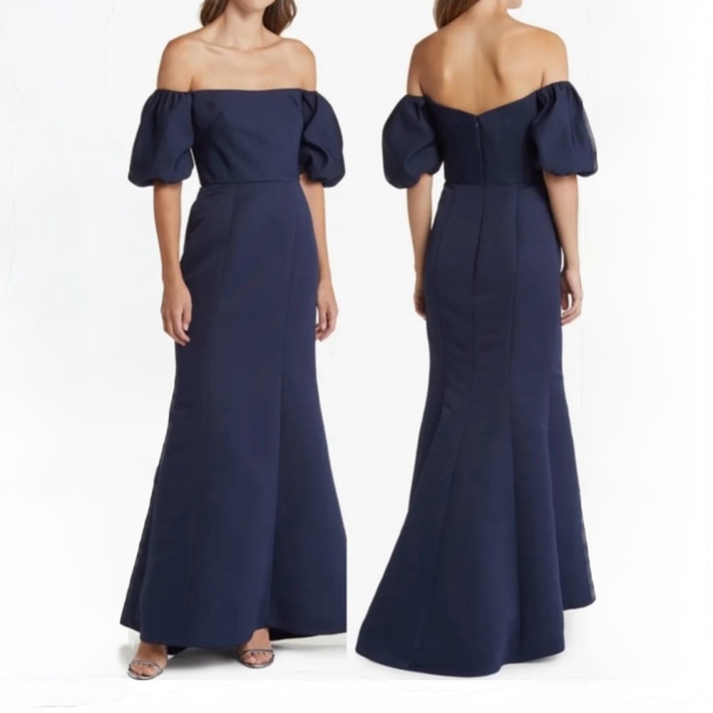 AMSALE Fai Off the Shoulder Puff Sleece Mwemaid Gown blue size 4